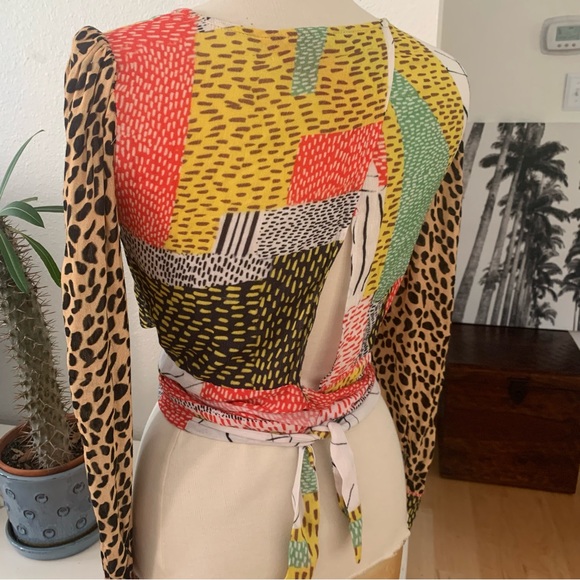 blink London Multicolored long sleeved faux wrap top w wrap tie sash at hem - Picture 7 of 16